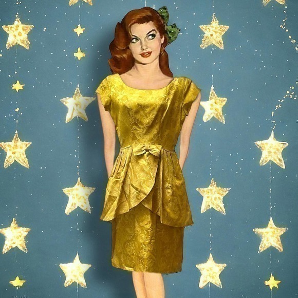 Gorgeous Bright Yellow Silk Taffeta Peplum Tea Dress Vintage 1950’s
